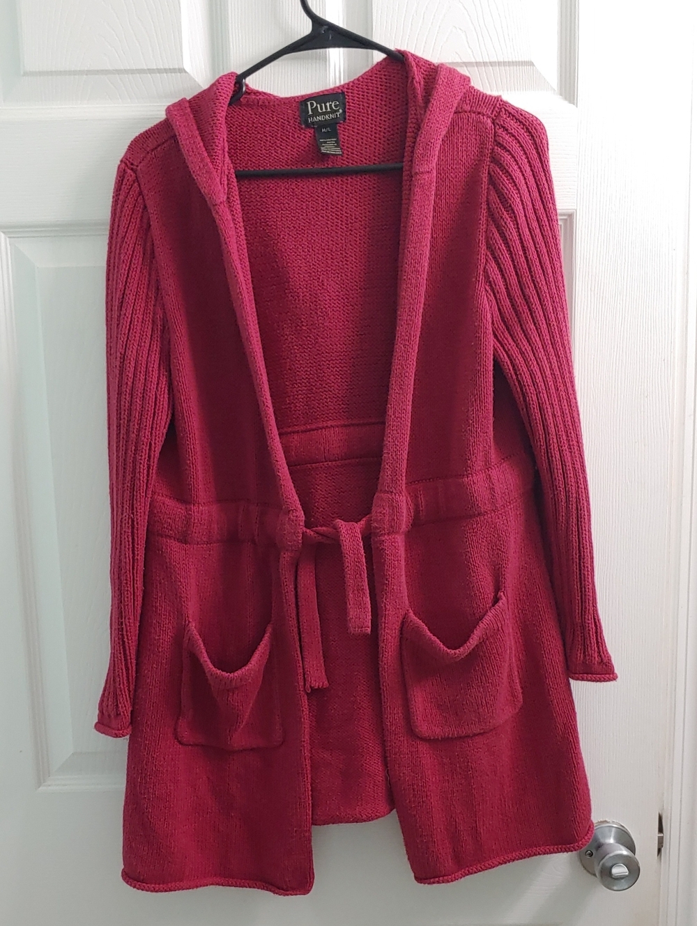 Pure Handknit Duster Cardigan Raspberry Chunky Knit Hooded Sweater Size M/L
